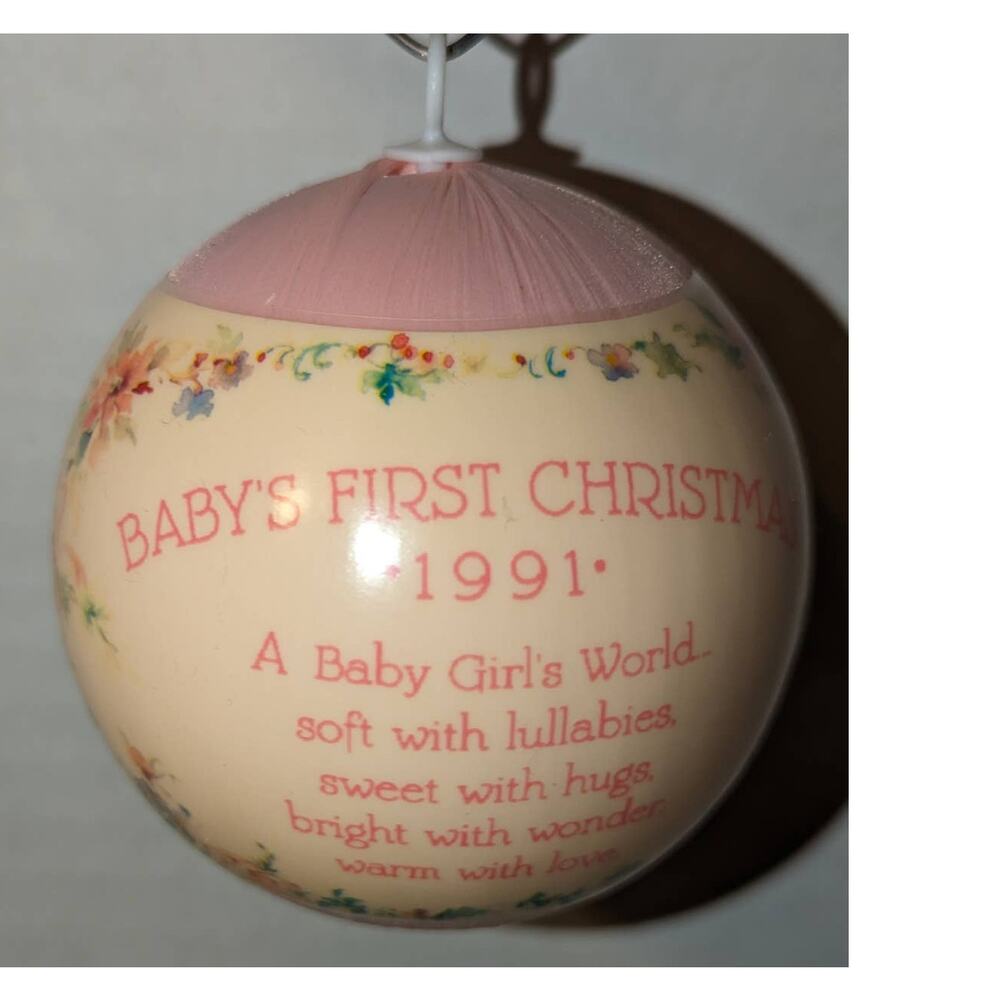 Vintage 1991 Baby's First Christmas Hallmark Satin Ball ornament Girl Box Rare - Picture 6 of 13